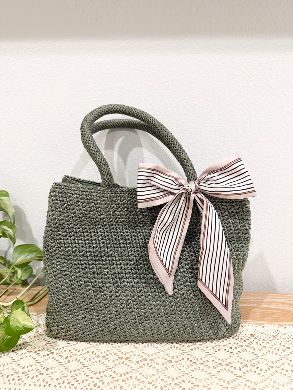 Talbots Olive Green Crochet Tote Bag with Bow Accent